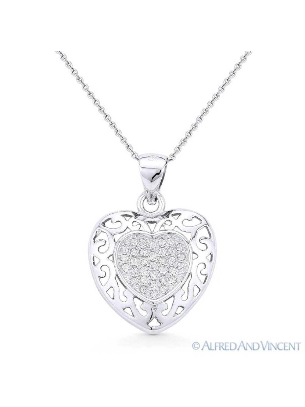 Heart CZ Crystal Pave Love Charm Pendant & Necklace .925 Sterling Silver Rhodium